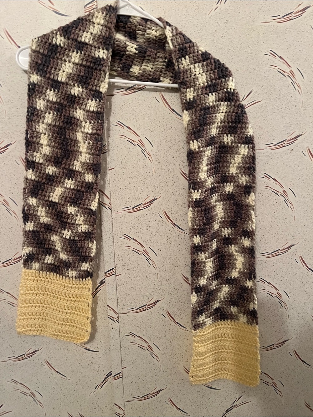 Handmade Crocheted Scarf in Brown, Cream & Yellow